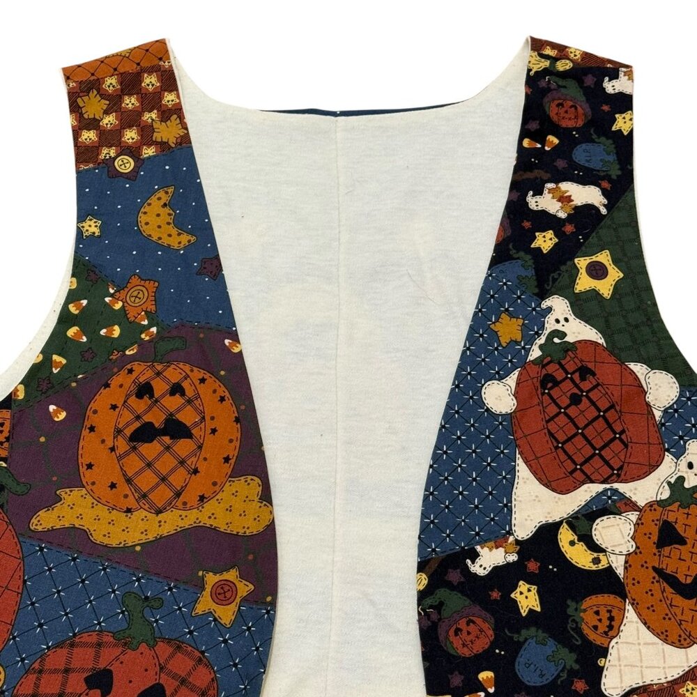 Vintage Y2K Halloween Patchwork Cotton Vest Pumpkin Witch Graphic - Picture 2 of 6